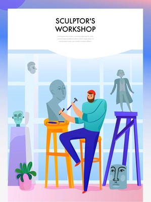 Sculpture master with professional tools during statue making in workshop flat vector illustration