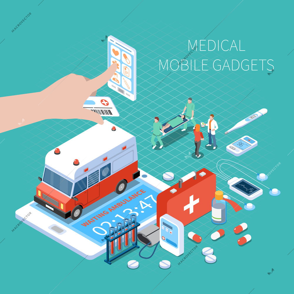 Medical mobile gadgets for health monitoring and call ambulance isometric composition on turquoise background vector illustration