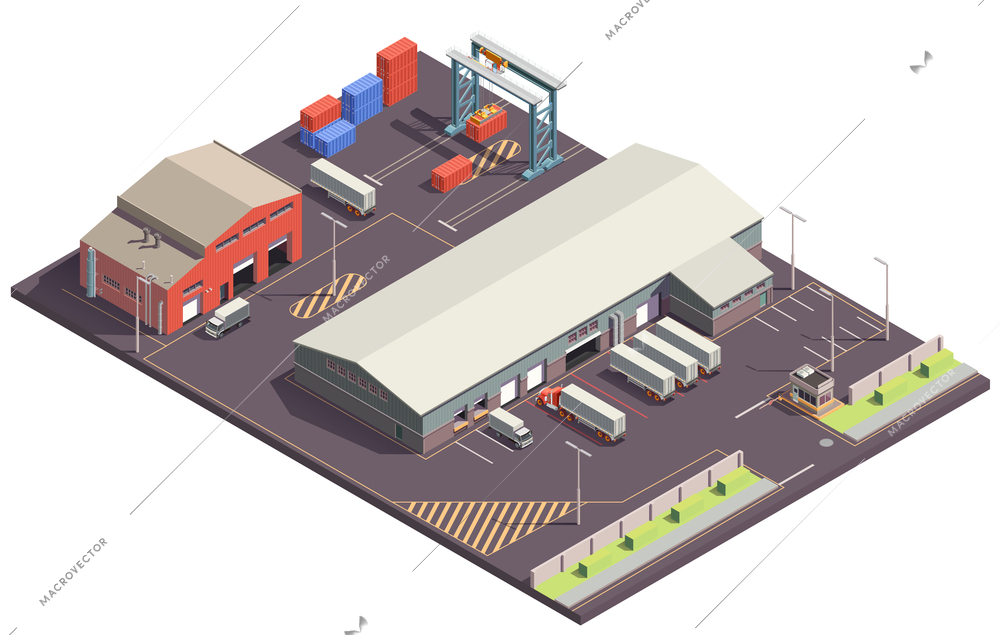 Industrial buildings isometric composition with parking lot cargo handling garages trucks and containers with crane manipulators vector illustration