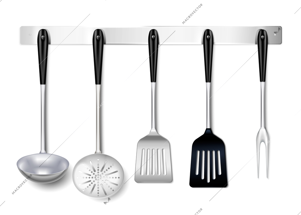 Kitchen tools utensils metal hanging rack closeup realistic image with ladle spatula skimmer cooking fork vector illustration