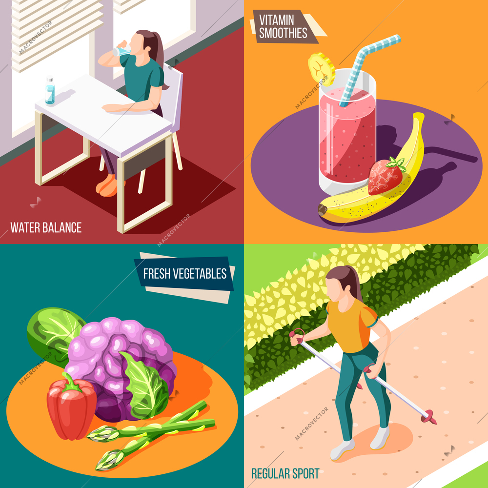 Healthy lifestyle 2x2 design concept set of water balance fresh vegetables vitamin smoothies regular sport square icons isometric vector illustration