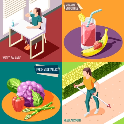 Healthy lifestyle 2x2 design concept set of water balance fresh vegetables vitamin smoothies regular sport square icons isometric vector illustration