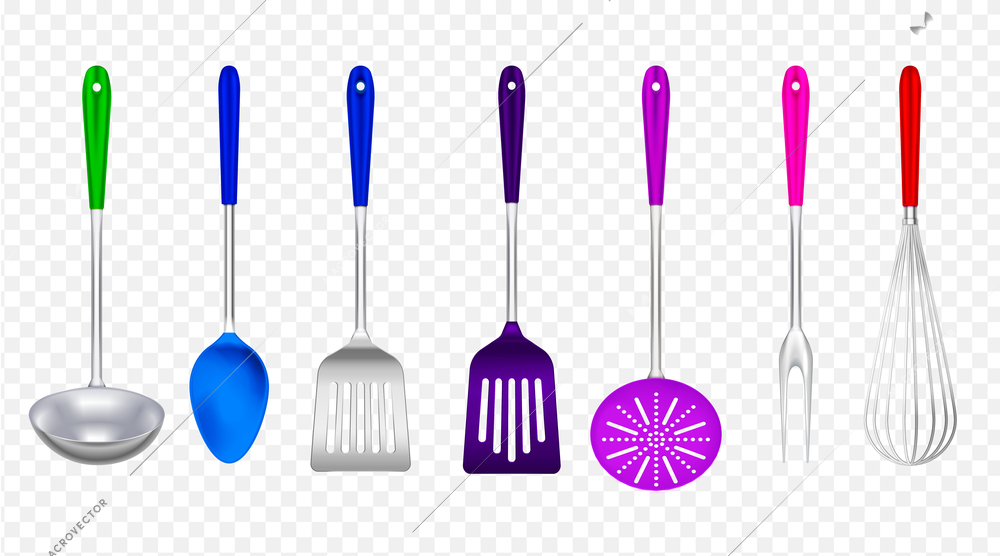 Kitchen tools metal with colorful plastic realistic set with ladle spatula skimmer cooking fork transparent vector illustration