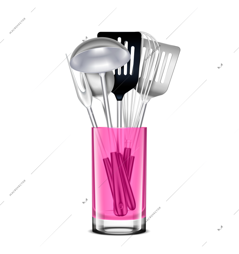 Kitchen stainless steel tools in pink transparent jar realistic image with ladle whisk slotted spatula vector illustration