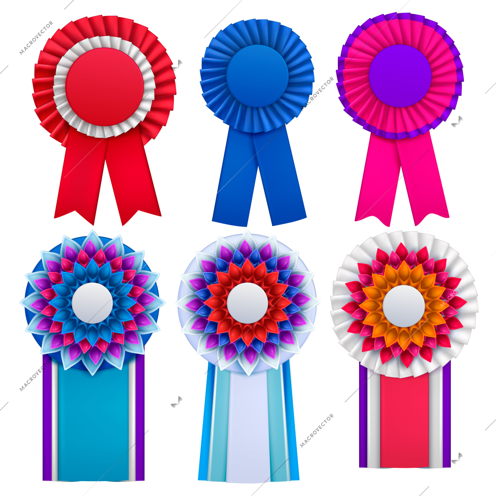 Bright blue red pink purple awards circulair rosettes badges lapel pins with ribbons realistic set vector illustration