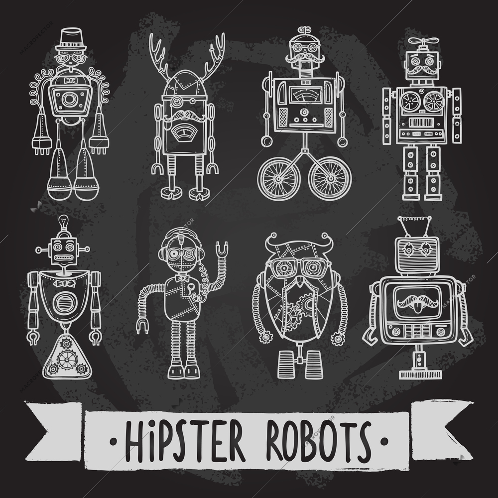 Hipster robot retro humanoid avatar black silhouette icons set isolated vector illustration.