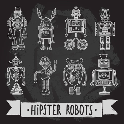 Hipster robot retro humanoid avatar black silhouette icons set isolated vector illustration.