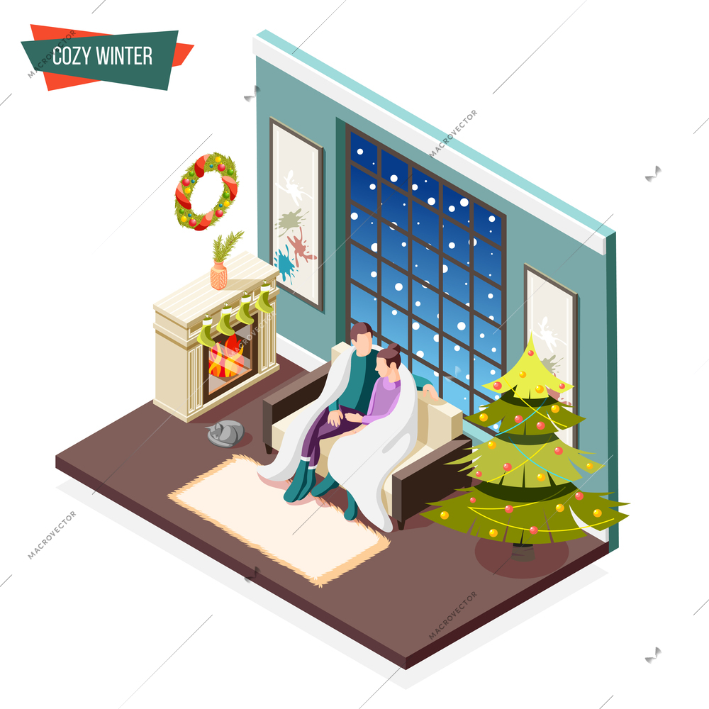 Cozy winter isometric design concept with man and woman covered by warm plaid sitting near fireplace vector illustration