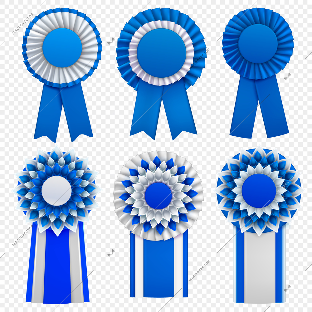 Blue decorative medal awards circulair rosettes badges lapel pins with ribbons realistic set transparent background vector illustration
