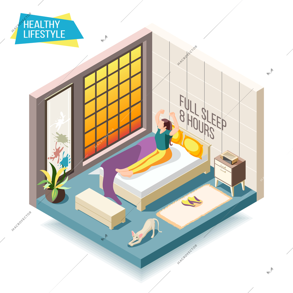 Healthy lifestyle isometric composition with woman waking up after eight hours of sleep vector illustration