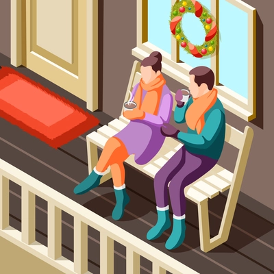 Cozy winter christmas background with young couple sitting on veranda and warming up with hot drink isometric vector illustration
