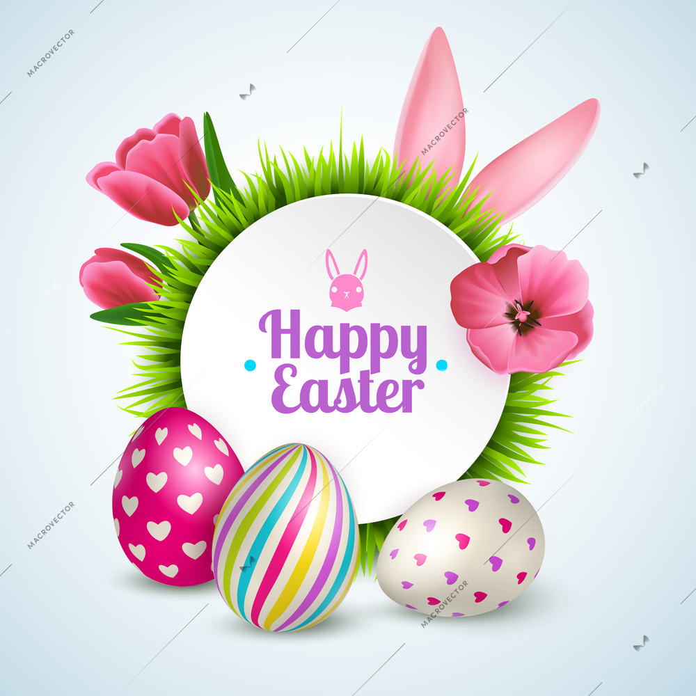 Happy easter composition with traditional symbols colorful eggs rabbit ears and spring flowers realistic vector illustration