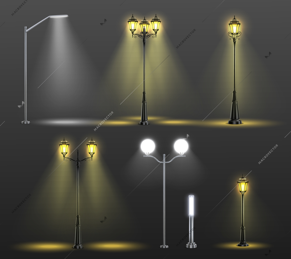 Street lights realistic composition set with six different styles and light from bulbs vector illustration