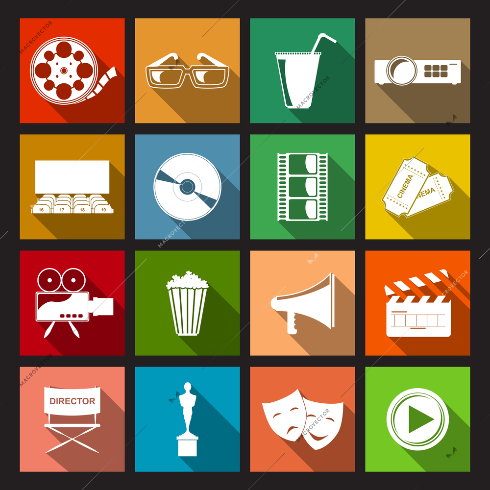 Cinema movie entertainment film flat icons set isolated vector illustration