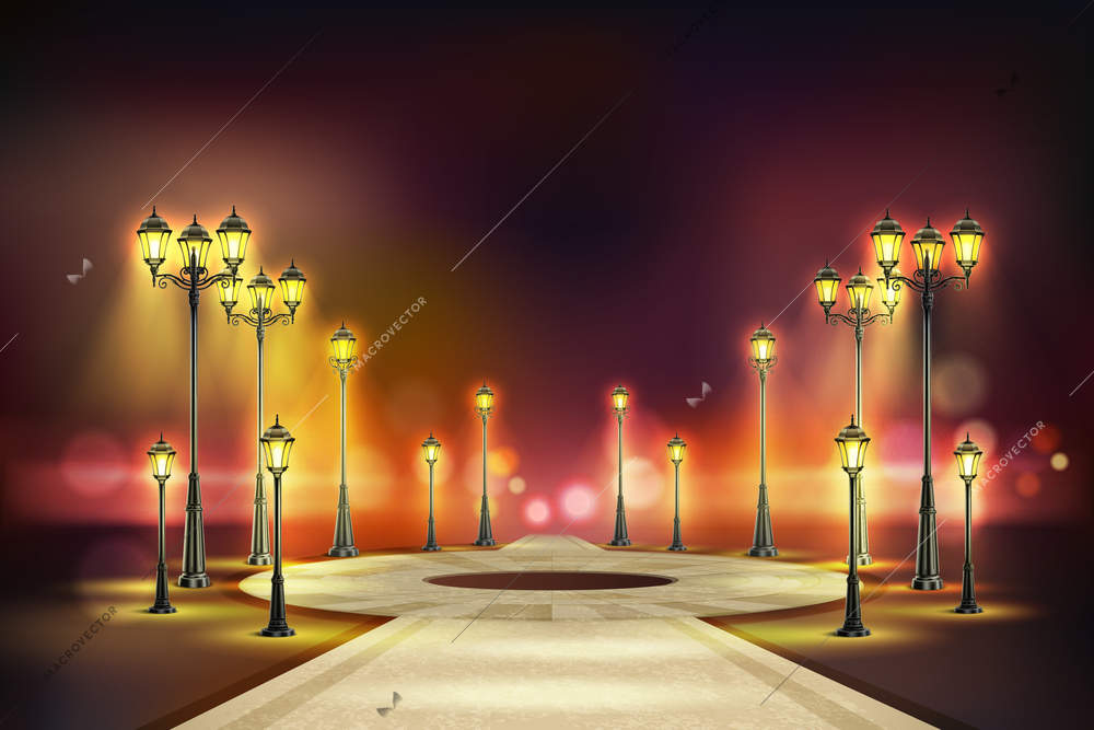 Colored street lights realistic composition quiet night street with yellow retro lights vector illustration