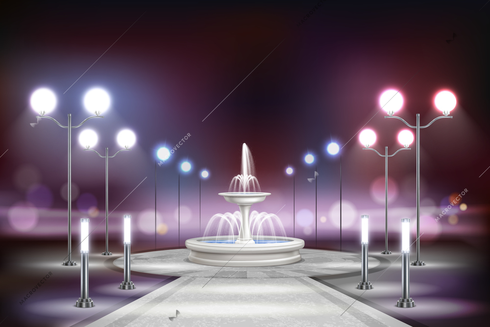 Street lights realistic composition with square with a large white fountain at the street vector illustration