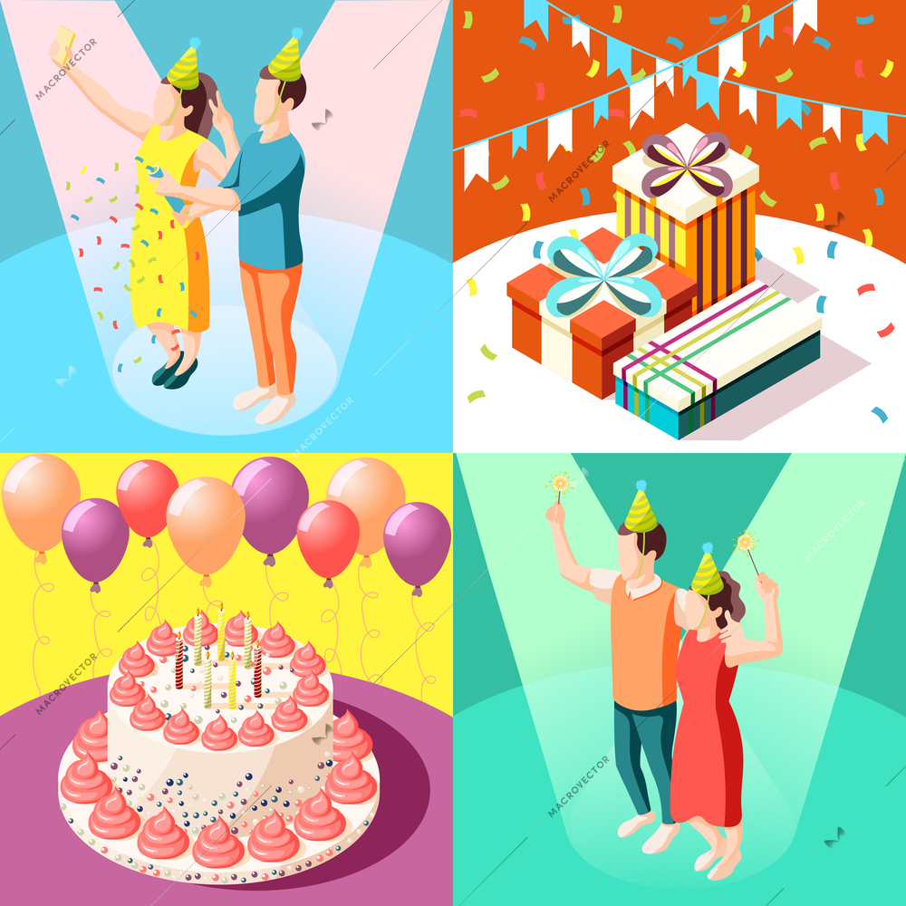 Birthday party 2x2  design concept set of balloons gifts holiday cake with candles isometric vector illustration