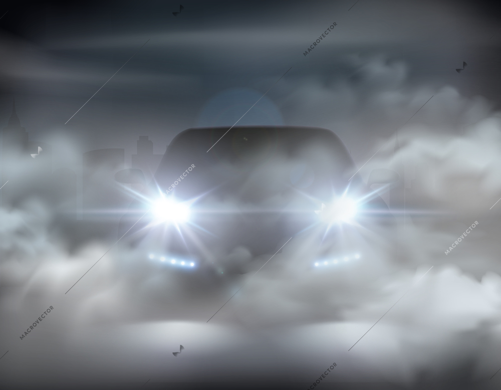 Car lights realistic in fog composition abstract concept with silver car at the night vector illustration