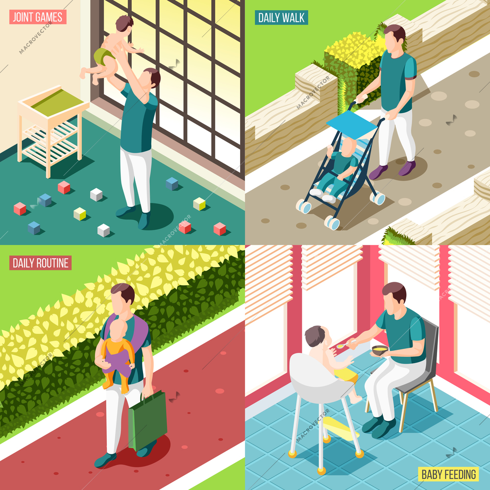 Fathers on maternity leave 2x2 design concept set of daily routine baby feeding joint games and walks square icons isometric vector illustration