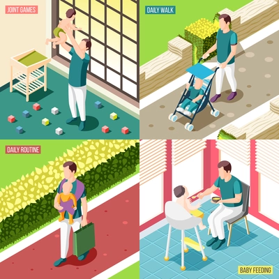 Fathers on maternity leave 2x2 design concept set of daily routine baby feeding joint games and walks square icons isometric vector illustration