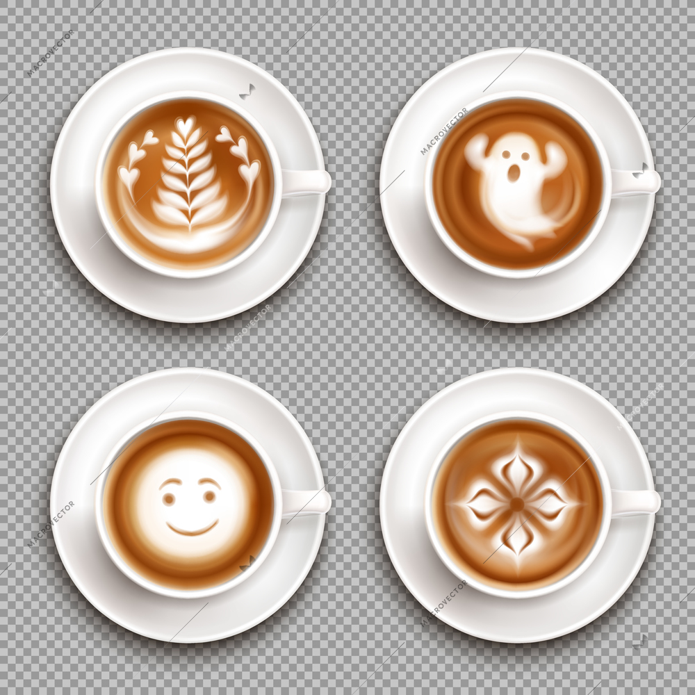 Colored latte art top view icon set with art in mugs and transparent background vector illustration