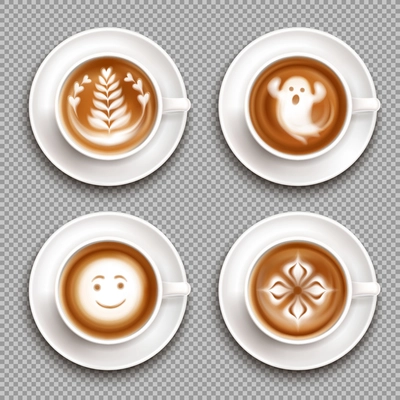 Colored latte art top view icon set with art in mugs and transparent background vector illustration