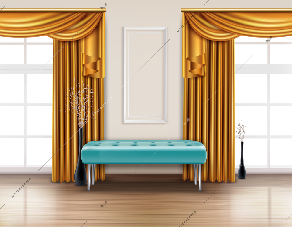 Colored luxury curtains realistic interior with golden curtain and blue soft bench vector illustration
