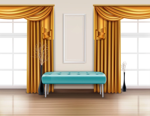 Colored luxury curtains realistic interior with golden curtain and blue soft bench vector illustration