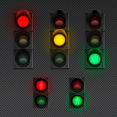 Traffic lights realistic transparent icon set with traffic light for pedestrians and different others vector illustration