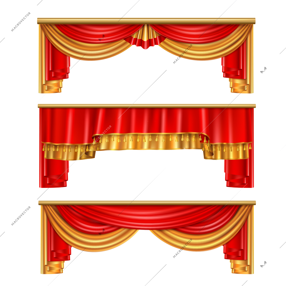 Luxury curtains realistic composition with red and gold colors for theater interior vector illustration