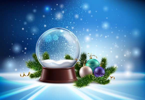 White snow globe realistic composition with hristmas tree toys and winter glitter vector illustration