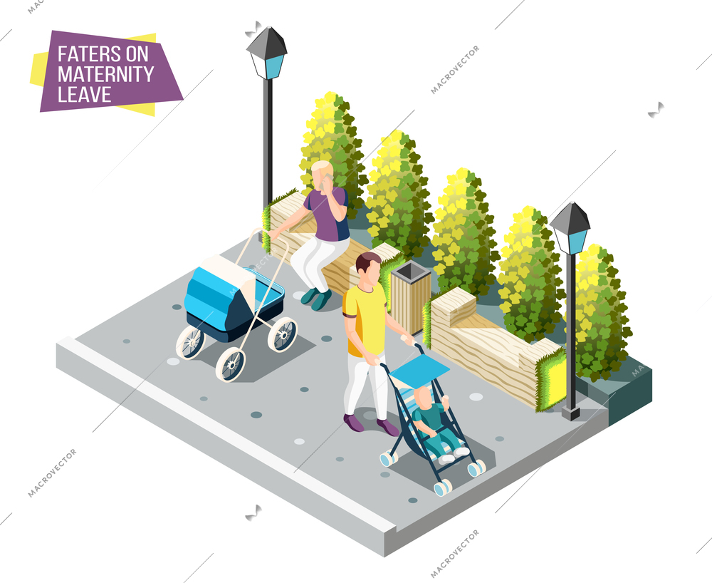 Fathers on maternity leave walking in city park with newborns sleeping in their strollers isometric design concept vector illustration