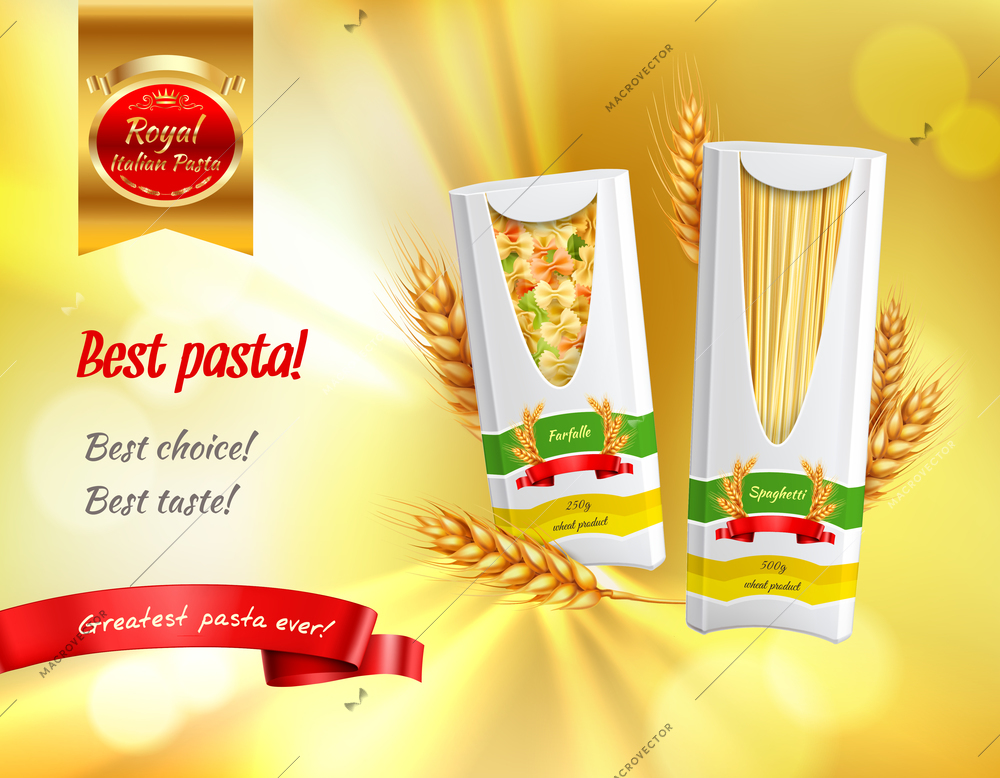 Colored pasta advertisement realistic banner with best pasta best choice best taste headlines vector illustration