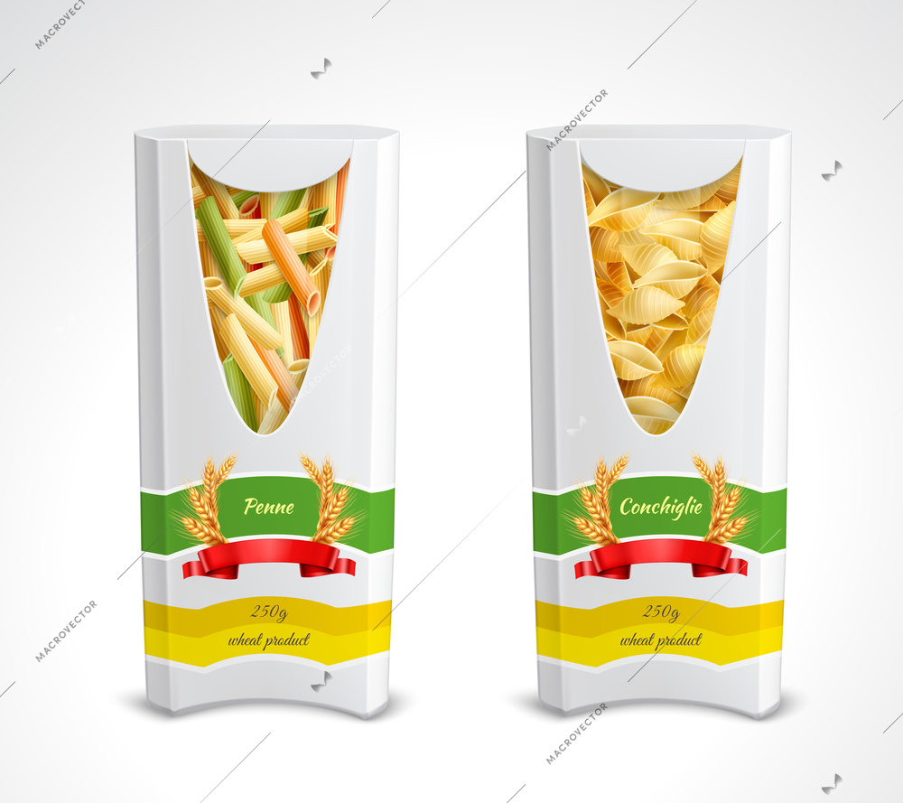 Pasta package realistic icon set two colored pack with penne and conchiglie vector illustration