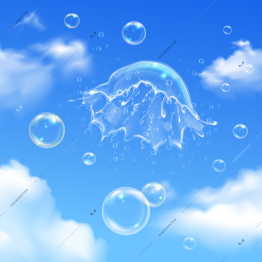 Colored bubbles explosion on sky composition with soap bubbles in the clouds vector illustration