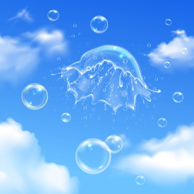 Colored bubbles explosion on sky composition with soap bubbles in the clouds vector illustration
