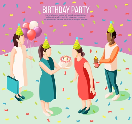 Birthday party isometric poster illustrated girl blowing birthday candles and her friends giving presents vector illustration