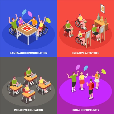 Colorful isometric 2x2 icons set with people at school with inclusive education 3d isolated vector illustration