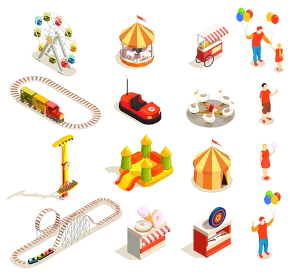 Amusement park attractions and visitors isometric icons set isolated on white background 3d vector illustration