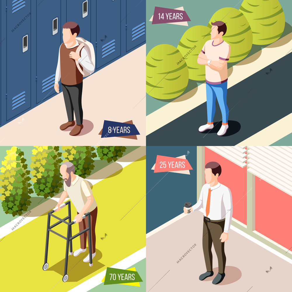 Different generations 2x2 design concept   illustrated male character during various life stages isometric vector illustration