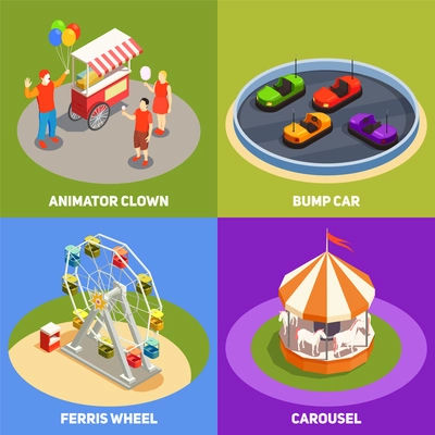 Colorful isometric 2x2 design concept with clowns carousel bump cards ferris wheel in amusement park 3d isolated vector illustration
