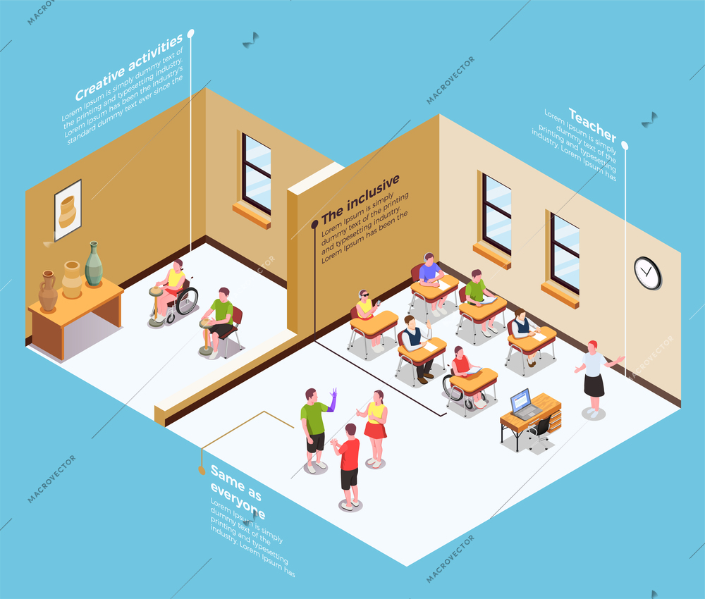 Isometric composition with students on inclusive education classes 3d vector illustration