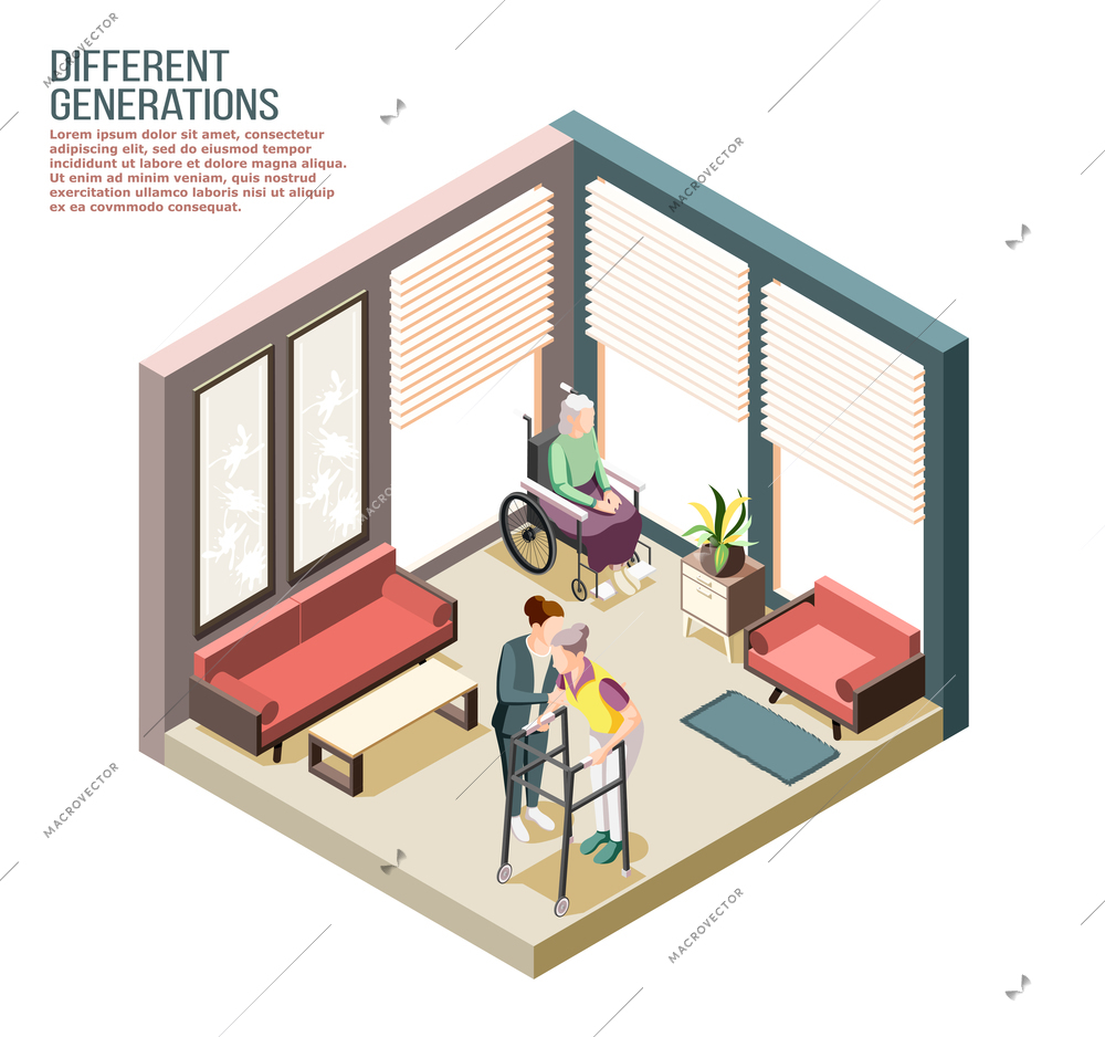 Different generations isometric composition with adult female person looking after elderly disabled women  in nursing home vector illustration