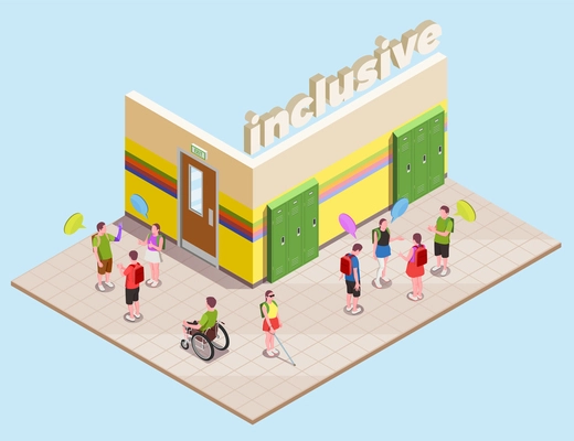 Inclusive education isometric composition with disabled people in school hall 3d vector illustration