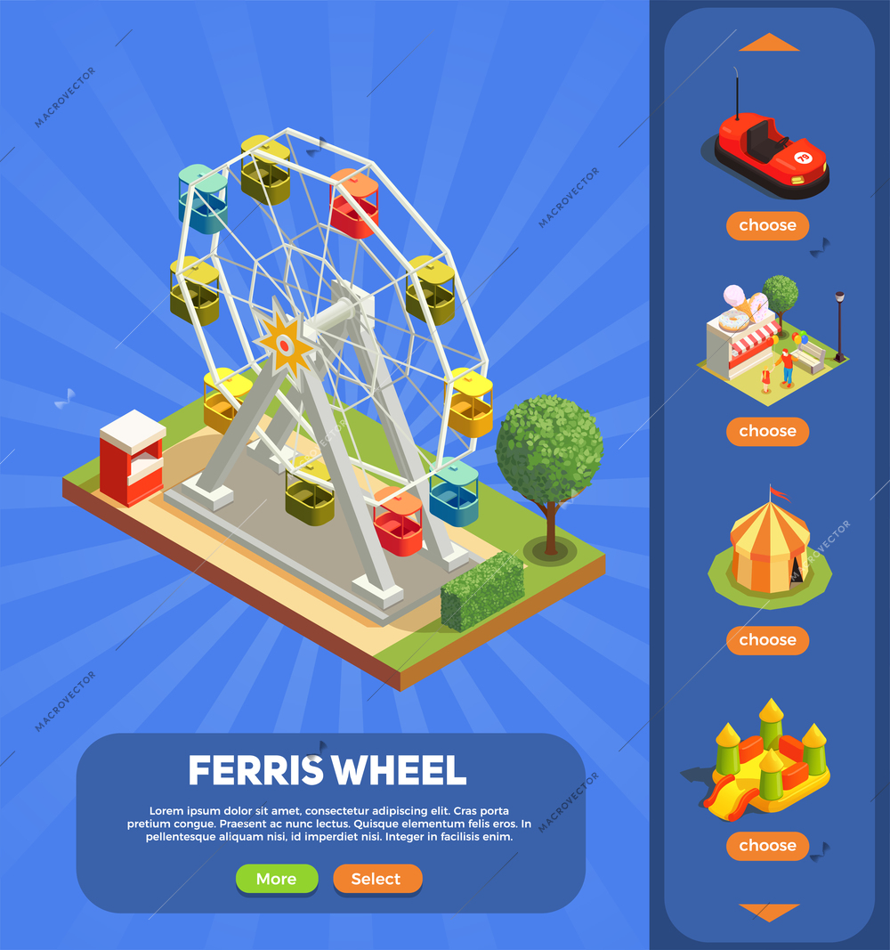 Amusement park web page with ferris wheel composition 3d isometric vector illustration
