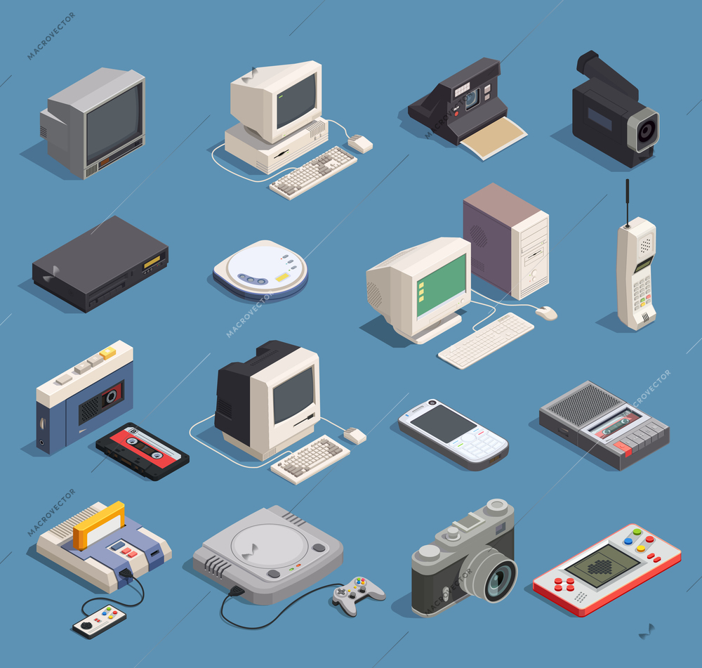 Different retro gadgets isometric icons set with computer player recorder console phone camera 3d isolated vector illustration