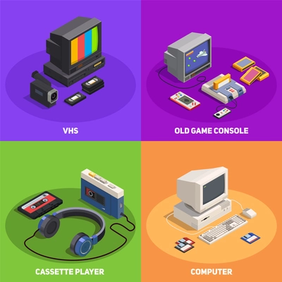 Colorful 2x2 isometric design concept with various retro gadgets such as computer player console vhs 3d isolated vector illustration