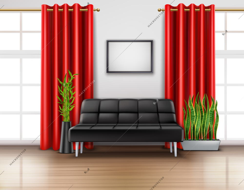 Realistic room interior with luxury red curtains on french windows leather black sofa light floor vector illustration