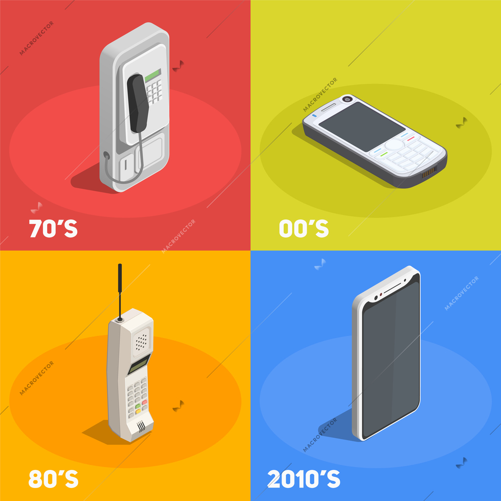 Retro devices 2x2 design concept with telephones from various decades isolated on colorful background 3d vector illustration