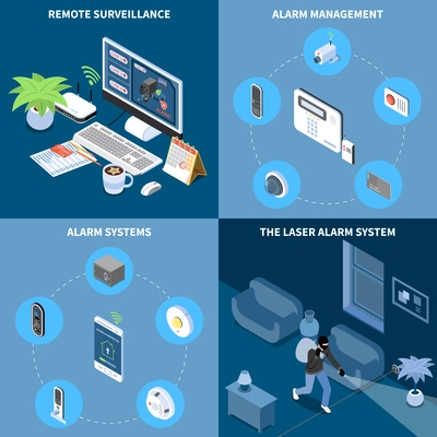 Home security 2x2 design concept set of remote surveillance alarm management laser alarm system square icons isometric vector illustration